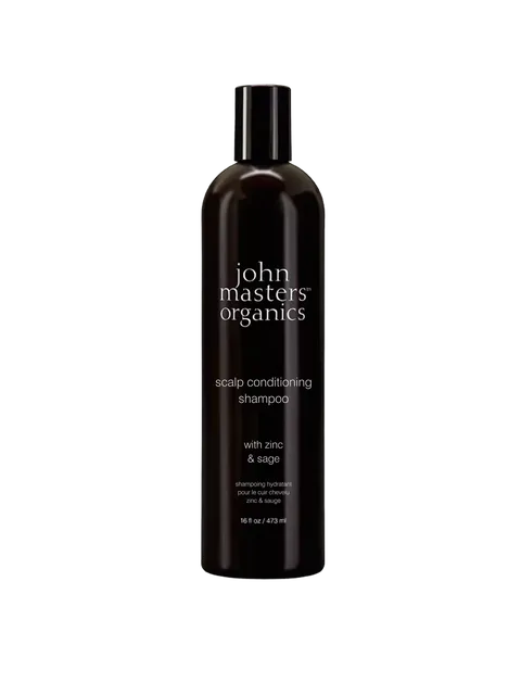 Black bottle of John Masters Organics scalp conditioning shampoo with zinc and sage, 473 ml.