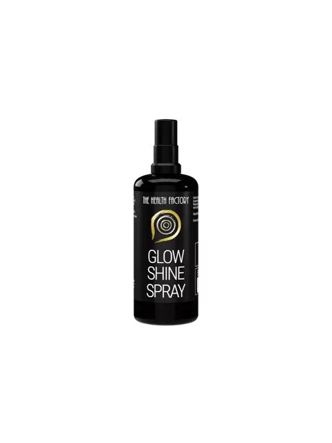 Black bottle labelled "Glow Shine Spray" by The Health Factory.