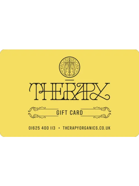 Therapy Organics gift card, yellow background, contact number and website.