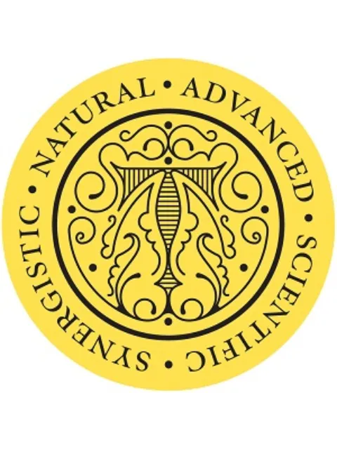 Yellow circular emblem with ornate design. Text: "Natural Advanced Scientific Synergistic".
