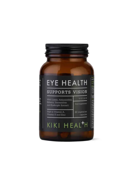 Brown bottle labelled "Eye Health Supports Vision" with 60 vegan capsules.