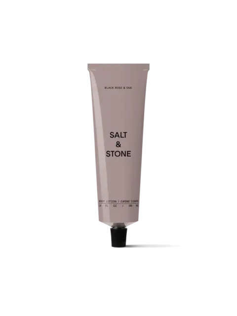 Salt & Stone body lotion tube, black rose and oud, 100 ml.