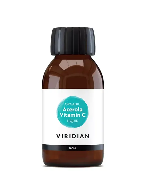 Brown bottle of Viridian Organic Acerola Vitamin C Liquid, 100ml.