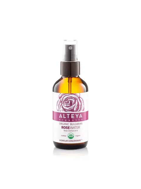 Alteya Organics Rose Water spray bottle with rose illustration and organic certification.