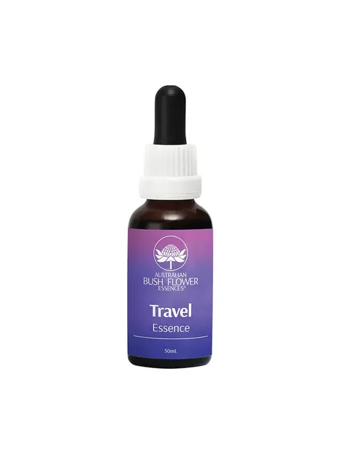 Dropper bottle labelled "Travel Essence" by Australian Bush Flower Essences, 30ml.