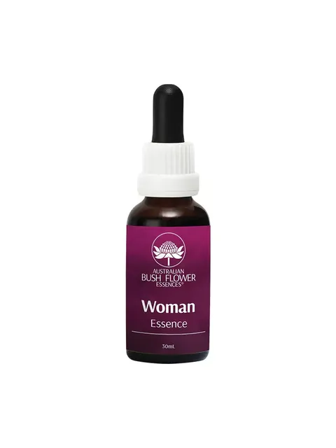 Brown bottle with dropper, labelled "Australian Bush Flower Essences, Woman Essence, 30ml".
