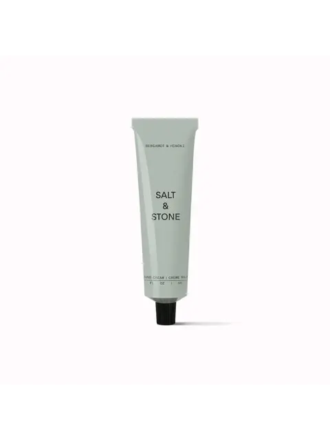 Grey tube of Salt & Stone hand cream, bergamot and hinoki scent.
