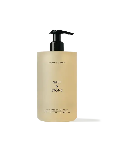 Salt & Stone Santal & Vetiver body wash, 450 ml pump bottle.