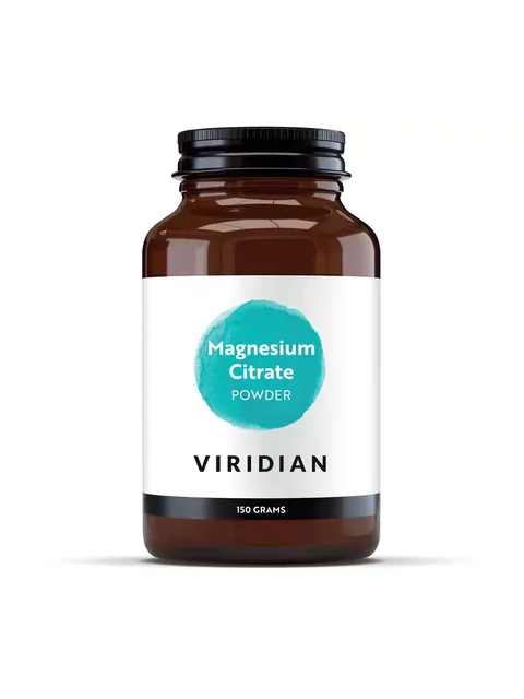 Brown jar labelled "Magnesium Citrate Powder" by Viridian, 150 grams.