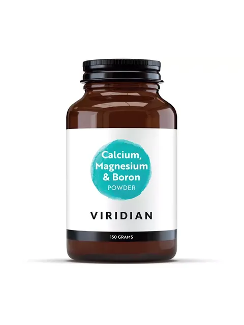 Brown jar labelled "Calcium, Magnesium & Boron Powder" by Viridian, 150 grams.