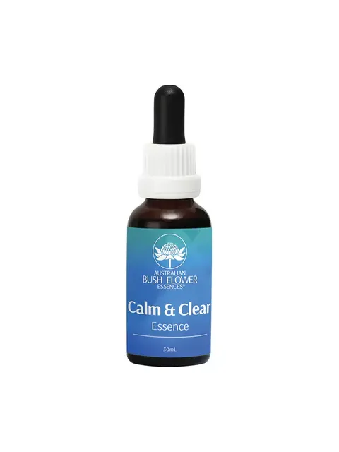 Dropper bottle labelled "Calm & Clear Essence", 30ml, by Australian Bush Flower Essences.