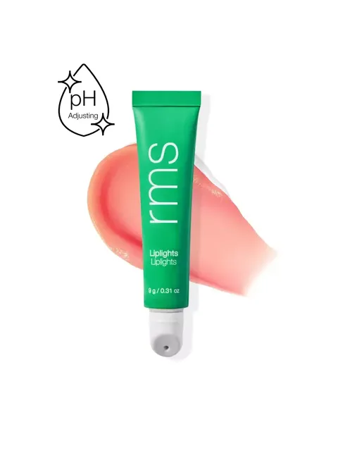 Green tube of rms Liplights, 9g, with pink smear and pH adjusting icon.