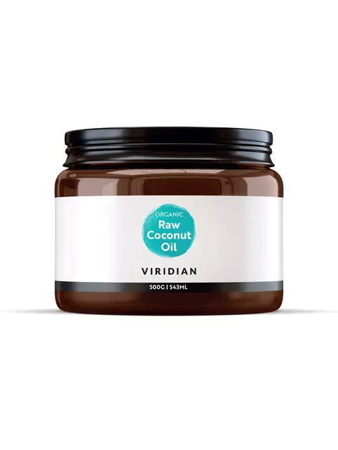Brown jar of Viridian Organic Raw Coconut Oil, 500g, 543ml.