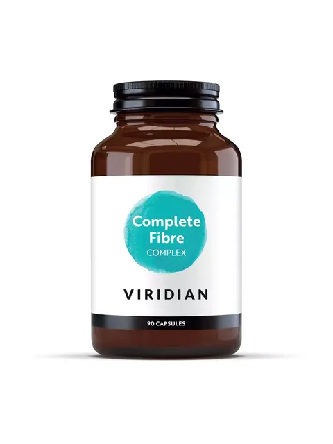 Brown bottle labelled "Complete Fibre Complex" by Viridian, 90 capsules.