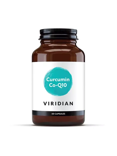 Brown bottle of Viridian Curcumin Co-Q10, 60 capsules.