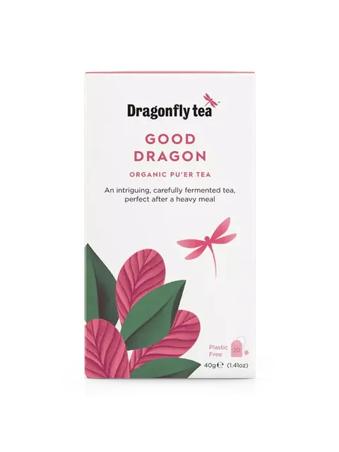 Dragonfly Tea Good Dragon Organic Pu'er Tea, 40g box with pink leaves and dragonfly design.