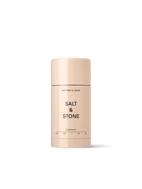 Beige Salt & Stone deodorant stick, saffron and cedar scent, 75g.