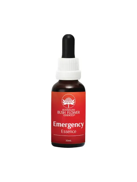 Brown bottle with dropper, red label reads "Australian Bush Flower Essences Emergency Essence 30mL".