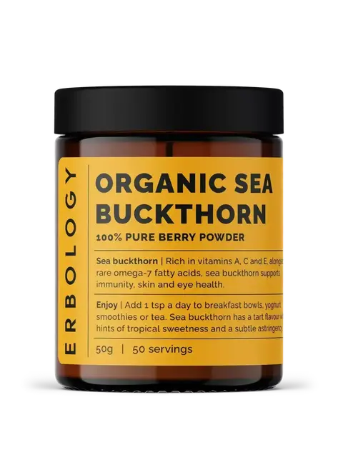 Erbology Organic Sea Buckthorn powder jar, 50g, 50 servings.