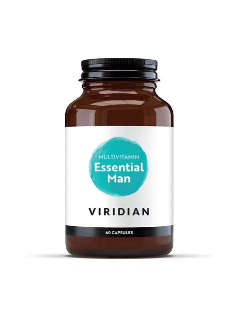 Brown bottle of Viridian Essential Man multivitamins, 60 capsules.