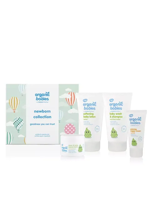 Organic Babies Newborn Collection with lotion, wash, balm, and cream. Hot air balloon design.
