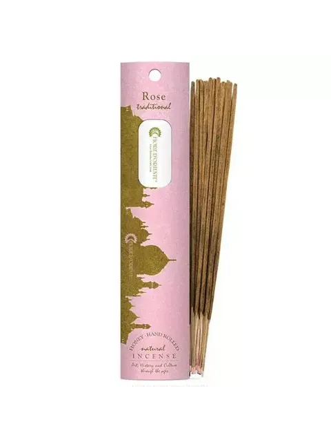 Pink incense packaging with "Rose traditional" text and incense sticks beside it.