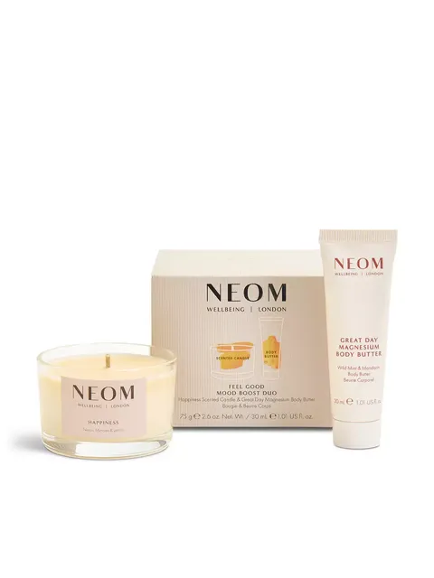 Neom Feel Good Mood Boost Duo with candle and body butter.