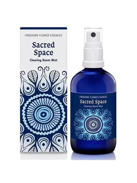 Sacred Space Clearing Room Mist in blue bottle with decorative box.