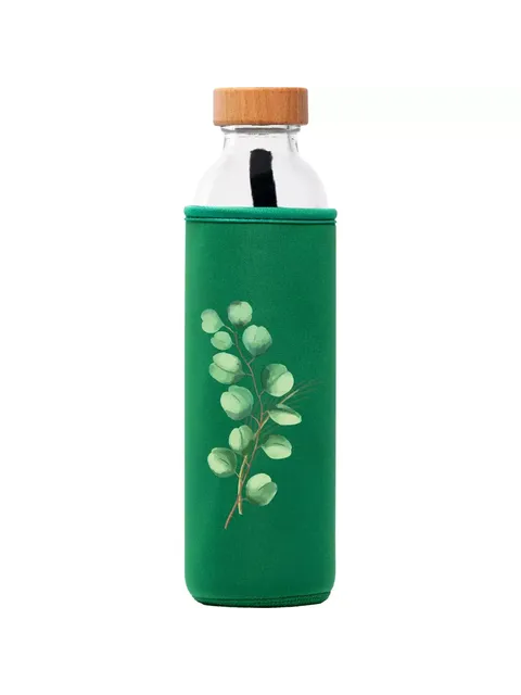 Glass bottle with wooden lid in green sleeve featuring eucalyptus design.