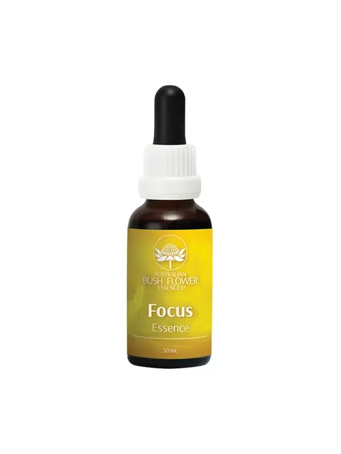 Dropper bottle of Australian Bush Flower Essences Focus, 30ml, with yellow label.