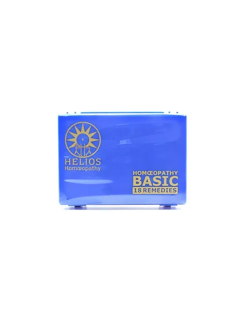 Blue box with "Helios Homeopathy Basic 18 Remedies" in gold text.