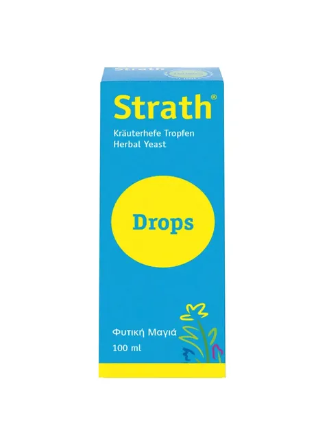 Blue box of Strath Herbal Yeast Drops, 100 ml, with yellow circle and floral design.