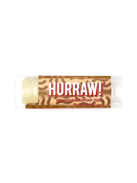 Hurraw! almond cardamom rose lip balm in a patterned tube.