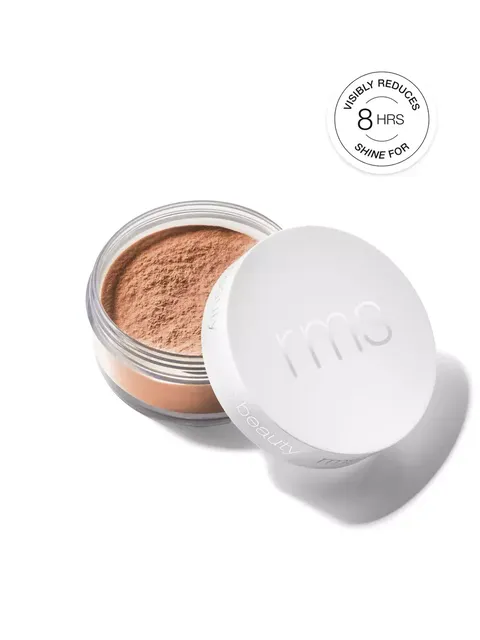 Loose powder in a clear jar with a white lid. Text: "Visibly reduces shine for 8 hrs".