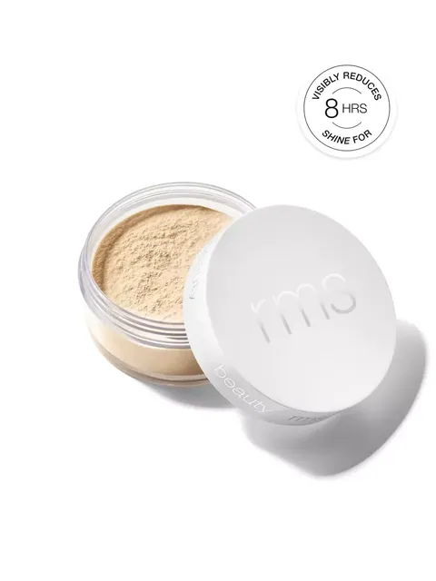 Loose powder in a clear jar with a white lid, labelled "rms beauty". Text: "Visibly reduces shine for 8 hrs".