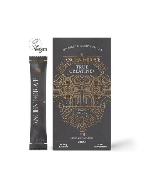 Ancient + Brave True Creatine+ box and sachet, vegan, 90g, daily ritual supplement.