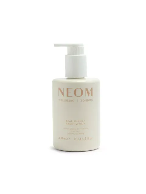 NEOM Real Luxury Hand Lotion, 300ml bottle with pump dispenser.