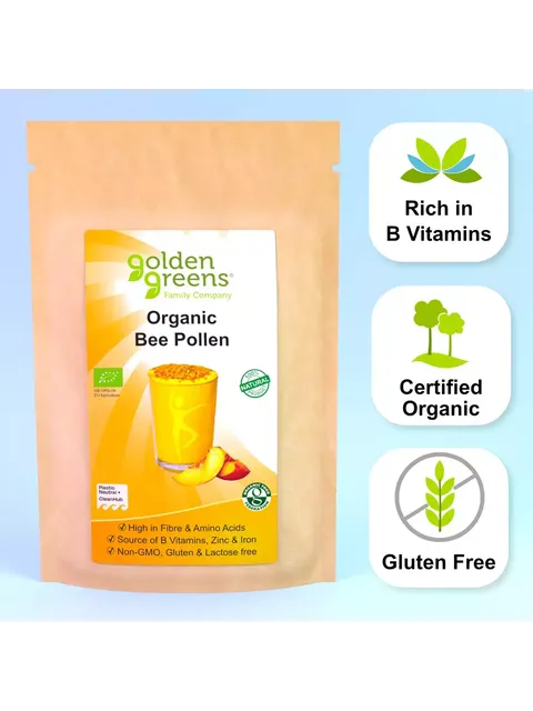 Golden Greens Organic Bee Pollen, rich in B vitamins, certified organic, gluten free.