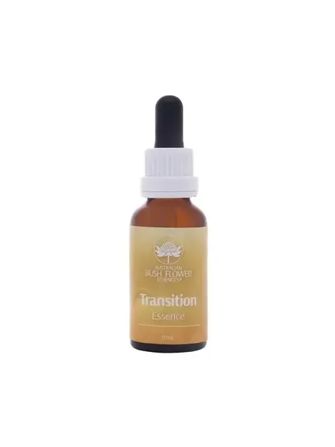 Brown bottle with dropper, labelled "Australian Bush Flower Essences Transition Essence 30ml".