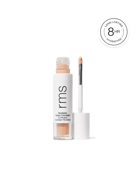 Rms Revitalize Hydra Concealer with applicator. Text: Long-lasting hydration 8 hr.