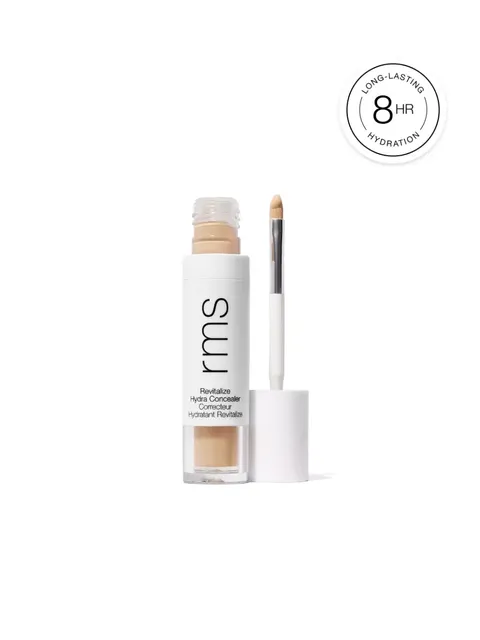Rms Revitalize Hydra Concealer with applicator. Text: Long-lasting hydration 8 HR.