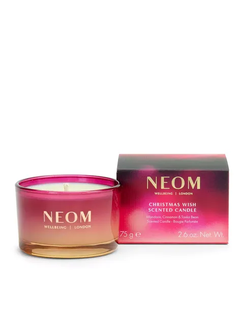 NEOM Christmas Wish scented candle, 75g, in pink and gold glass with matching box.