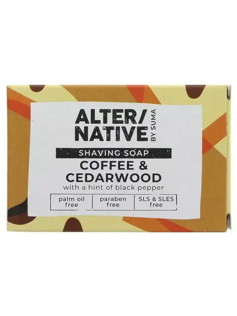 ALTER/NATIVE shaving soap, coffee and cedarwood, palm oil and paraben free.