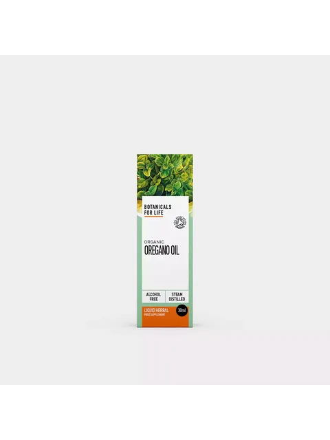 Box of organic oregano oil, 30ml, alcohol-free, steam distilled.