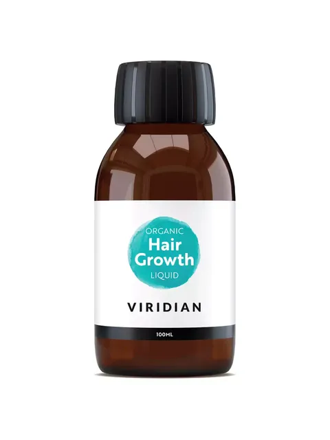 Brown bottle with "Organic Hair Growth Liquid" label, 100ml, by Viridian.
