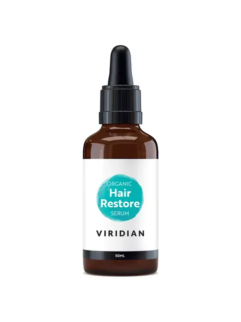 Brown bottle with dropper, labelled "Organic Hair Restore Serum, Viridian, 50ml".