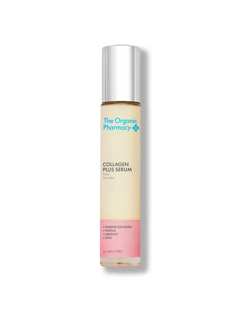 The Organic Pharmacy Collagen Plus Serum bottle with silver cap.