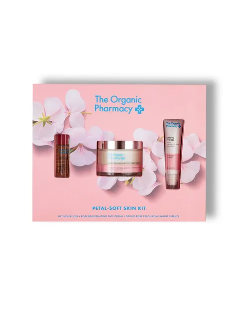 The Organic Pharmacy Petal-Soft Skin Kit with eye gel, face cream, and exfoliating essence.