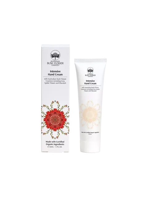 Intensive Hand Cream with Australian Bush Flower Essences, 50ml tube and box with floral design.
