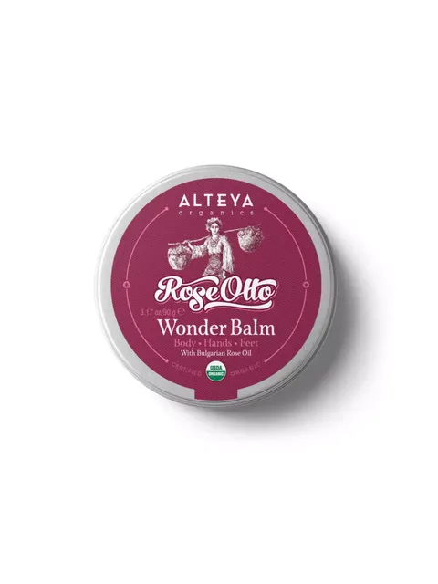 Alteya Organics Rose Otto Wonder Balm tin, 90g, with Bulgarian rose oil.